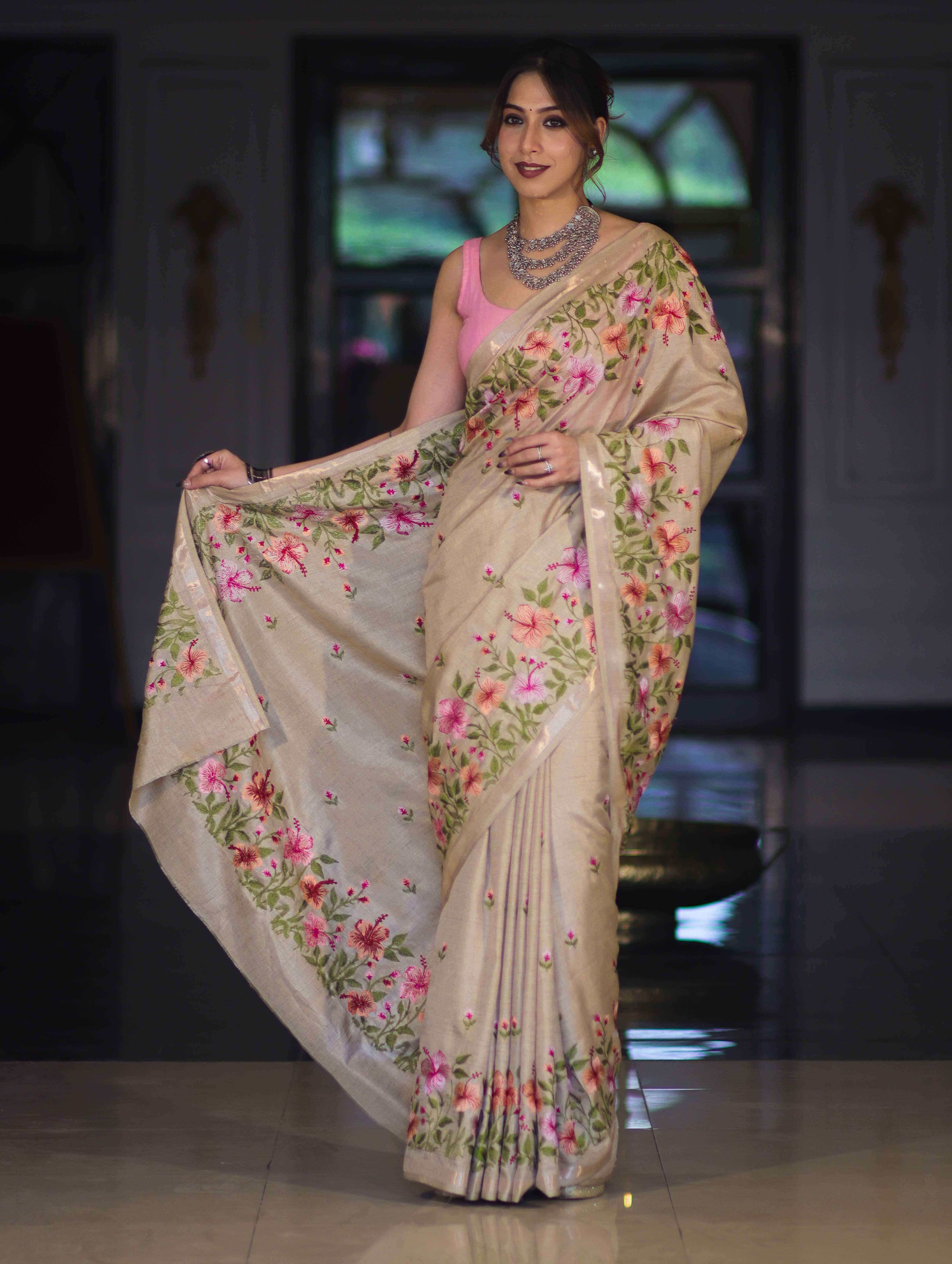 Banarasee Handwoven Semi-Tussar Saree With Embroidered Floral Motifs & Border-Beige