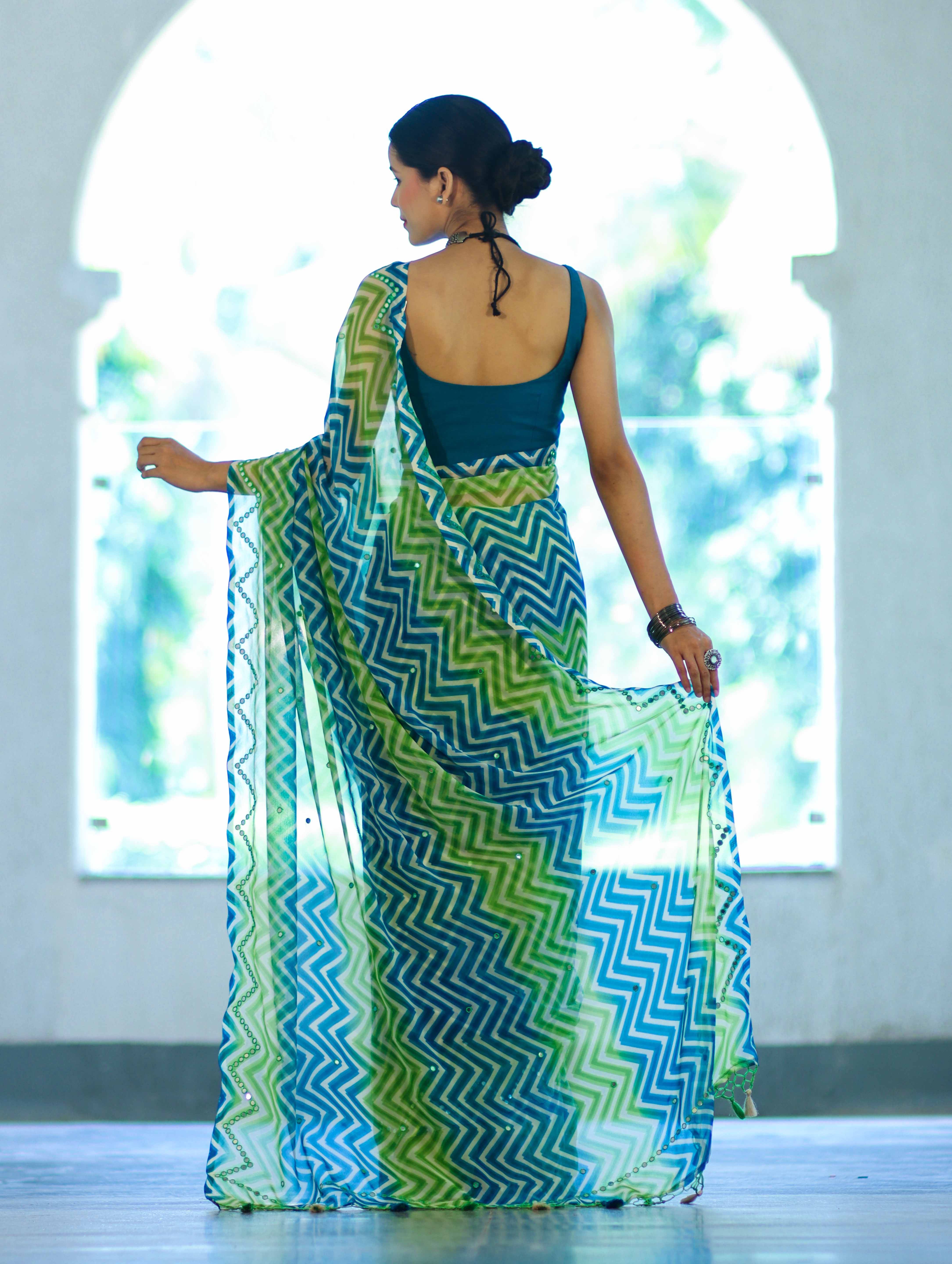 Banarasee Printed Handwork Chiffon Saree-Blue & Green