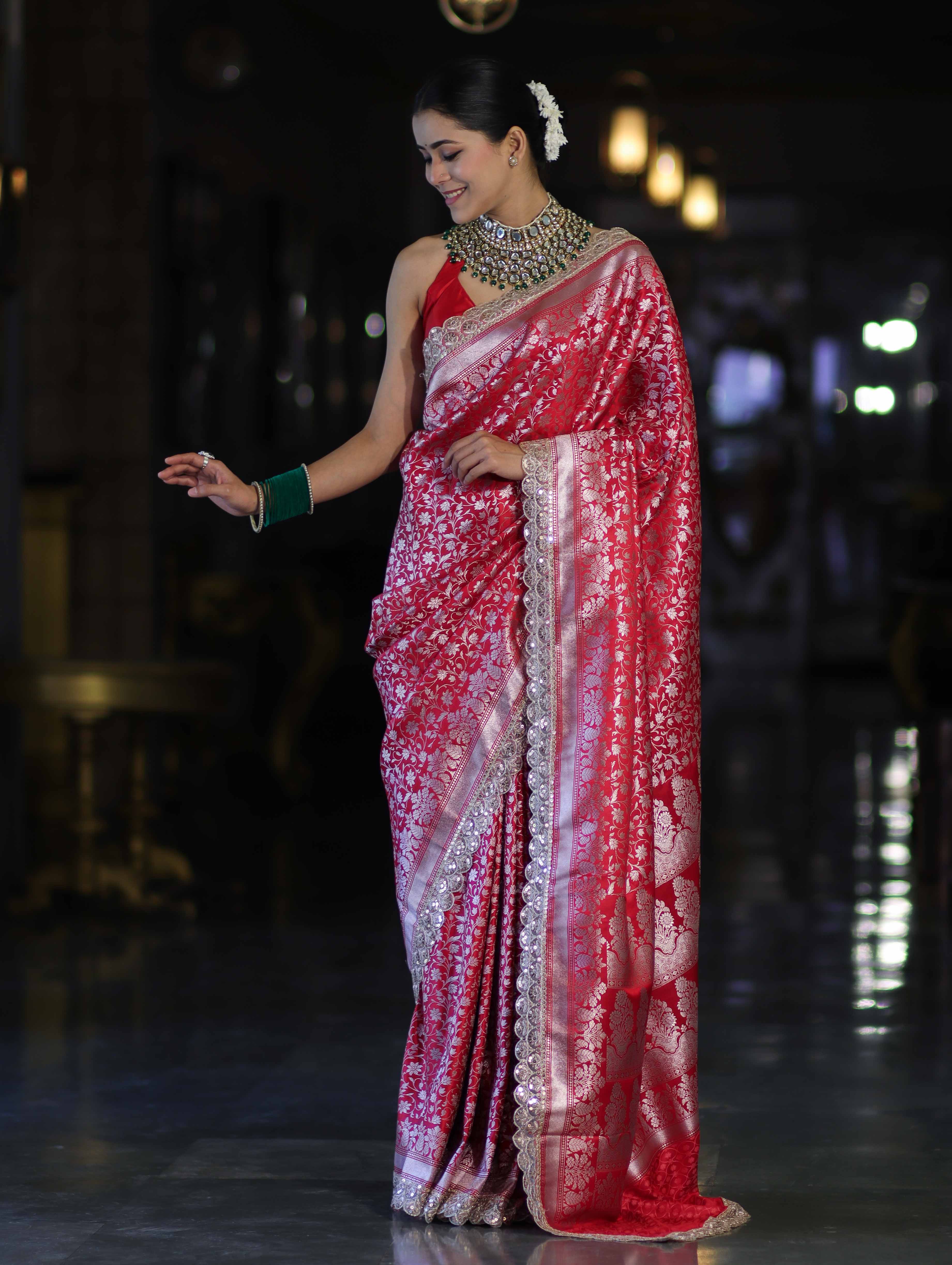 Banarasee Handloom Mashru Silk Saree With Heavy Zari Jaal & Lace Border-Red
