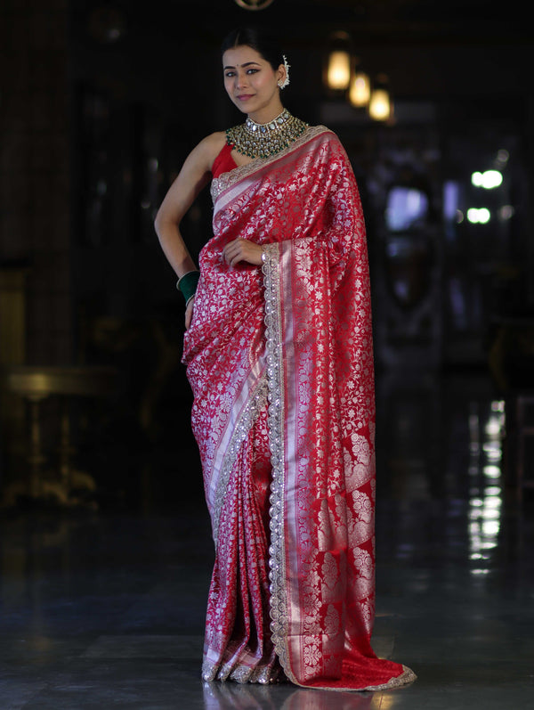 Banarasee Handloom Mashru Silk Saree With Heavy Zari Jaal & Lace Border-Red