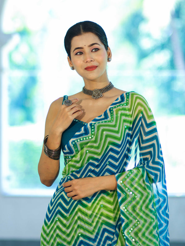Banarasee Printed Handwork Chiffon Saree-Blue & Green