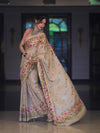 Banarasee Handwoven Semi-Tussar Saree With Embroidered Floral Motifs & Border-Beige
