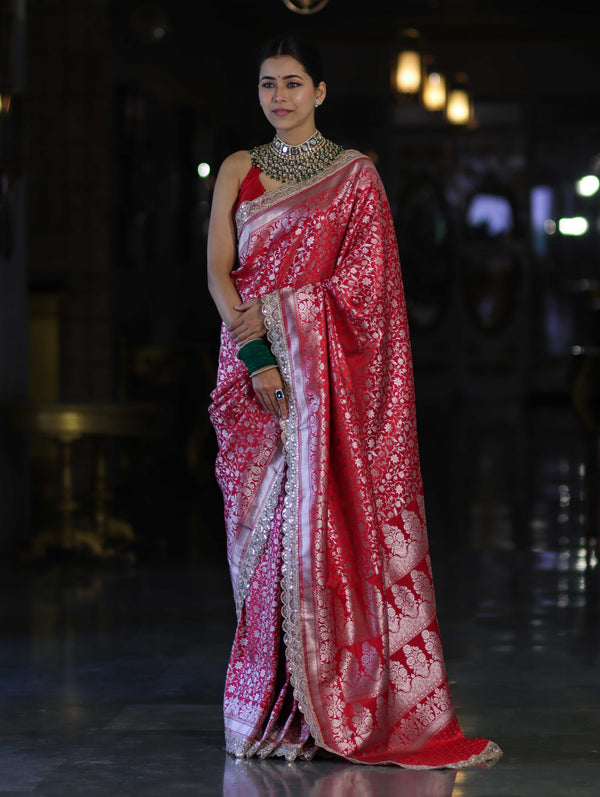 Banarasee Handloom Mashru Silk Saree With Heavy Zari Jaal & Lace Border-Red