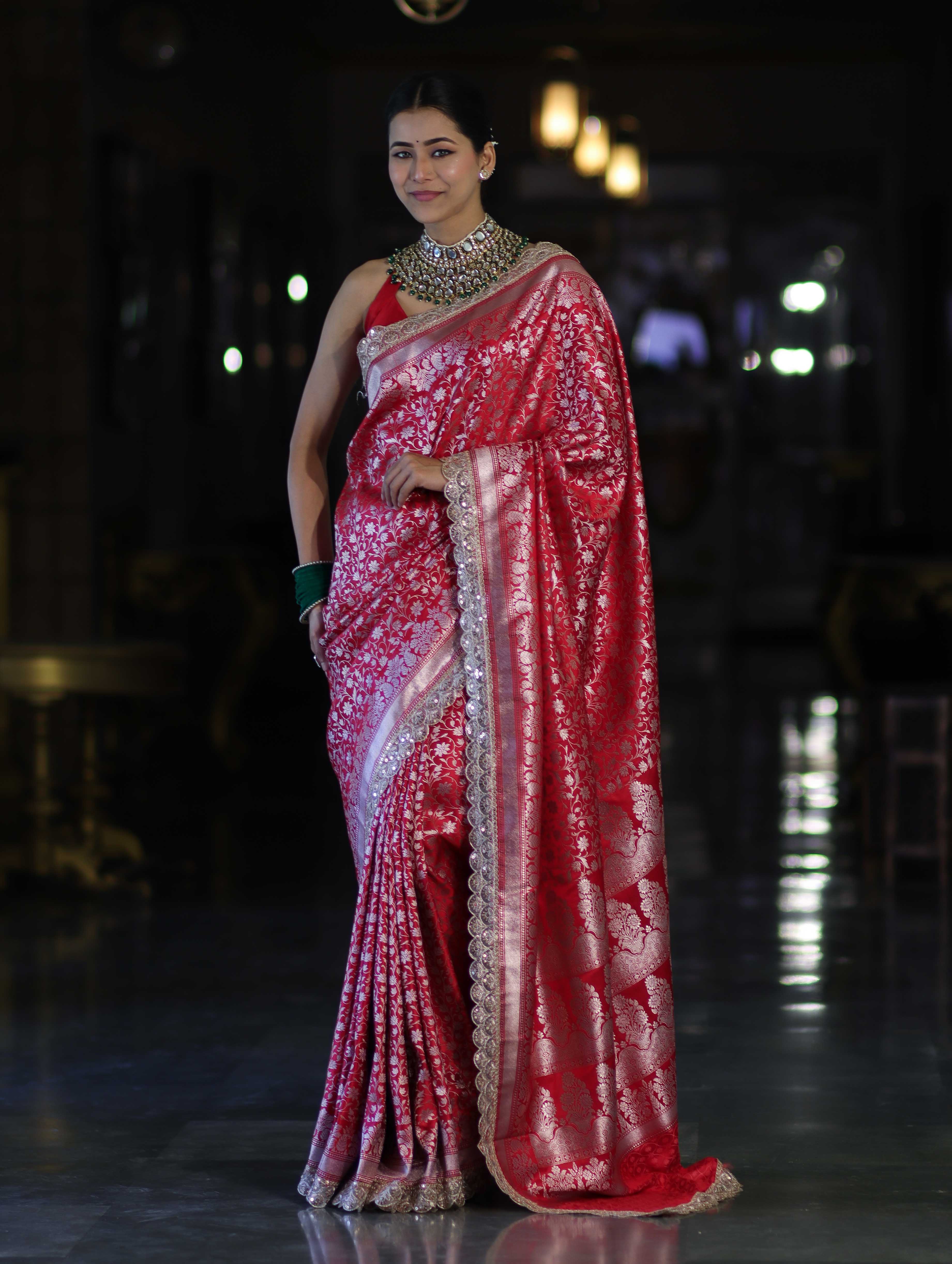 Banarasee Handloom Mashru Silk Saree With Heavy Zari Jaal & Lace Border-Red