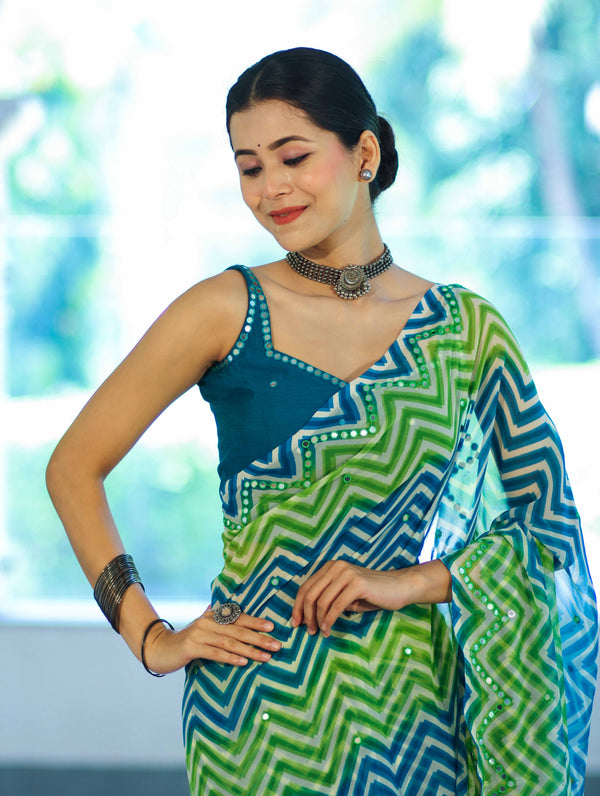 Banarasee Printed Handwork Chiffon Saree-Blue & Green