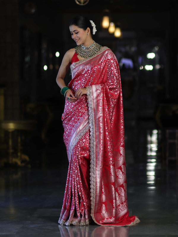Banarasee Handloom Mashru Silk Saree With Heavy Zari Jaal & Lace Border-Red