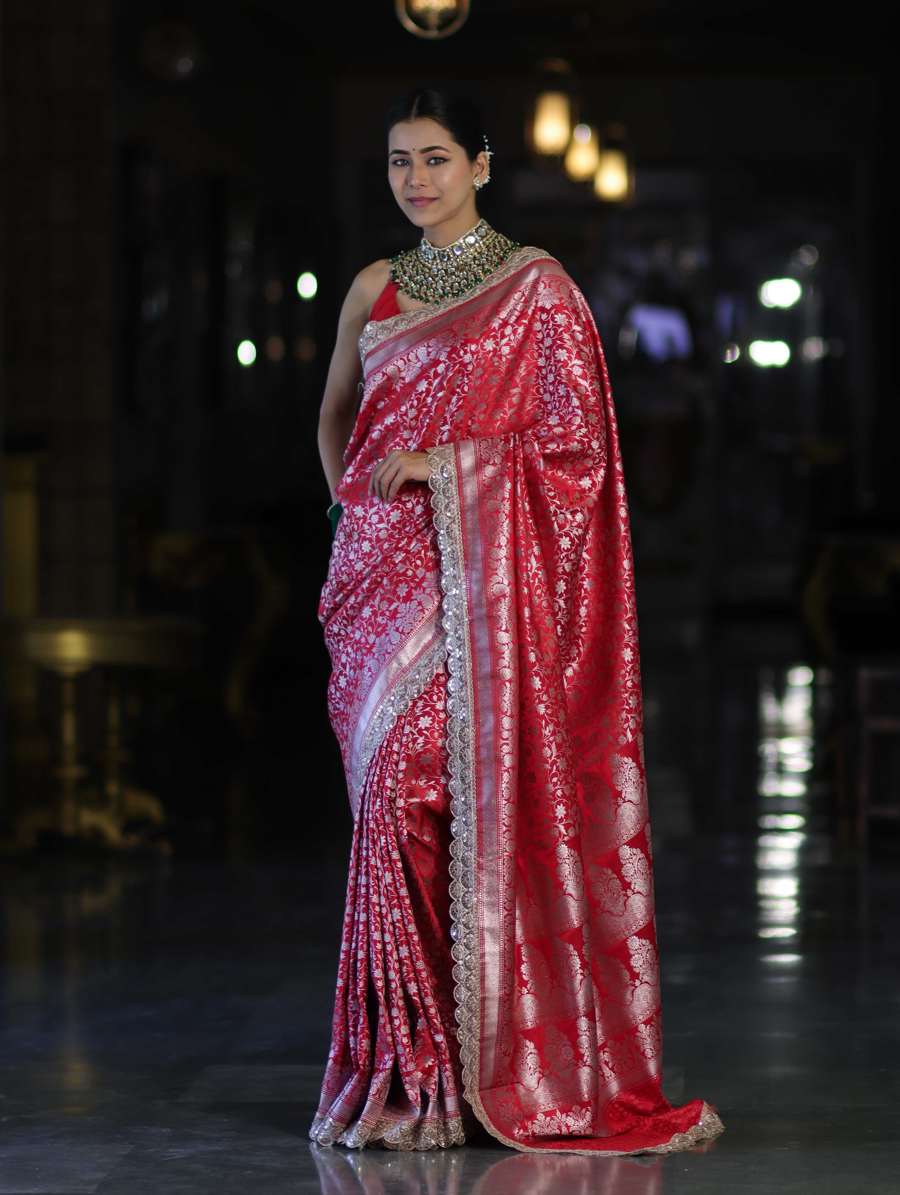 Banarasee Handloom Mashru Silk Saree With Heavy Zari Jaal & Lace Border-Red