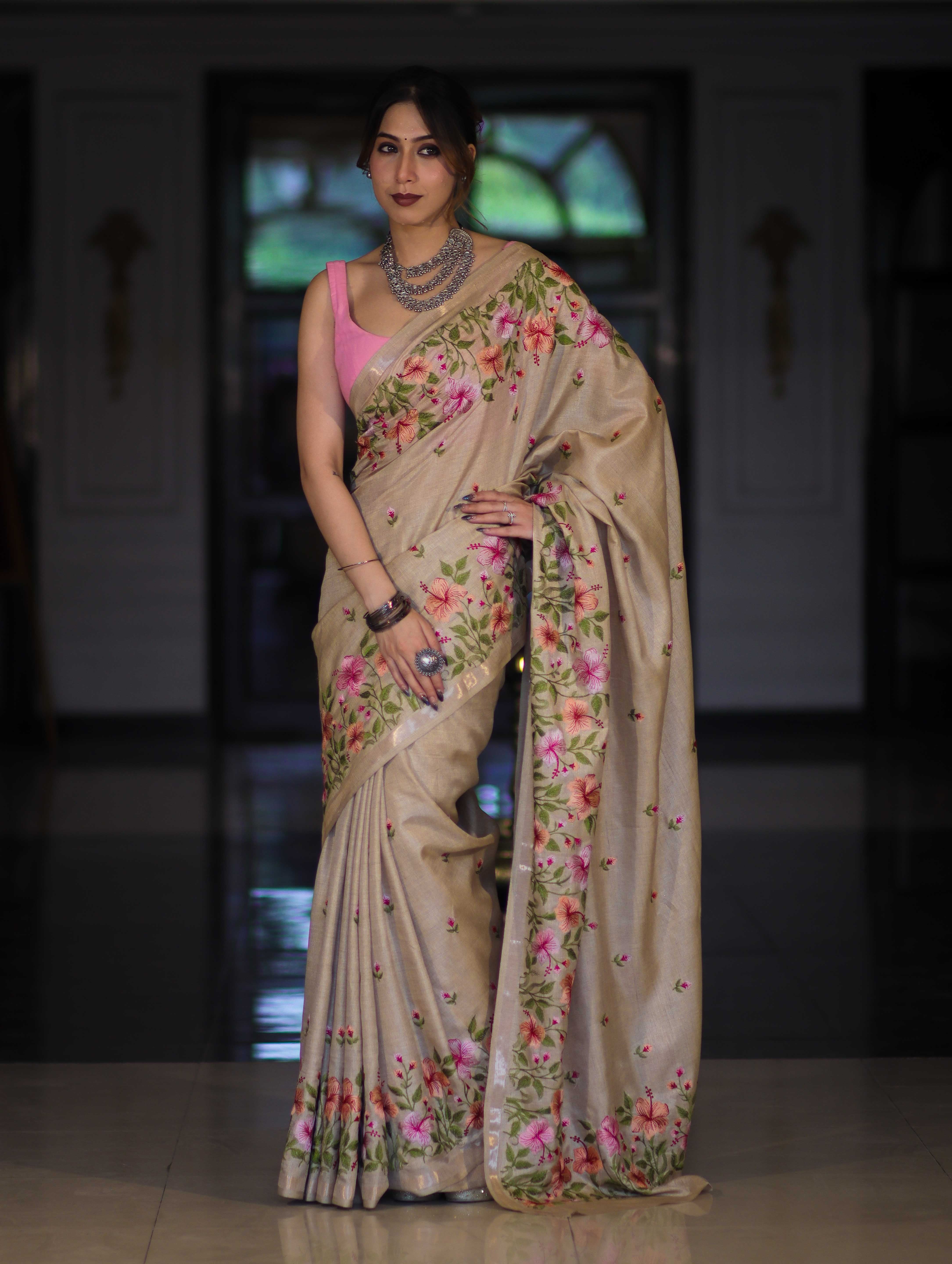 Banarasee Handwoven Semi-Tussar Saree With Embroidered Floral Motifs & Border-Beige
