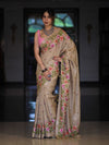 Banarasee Handwoven Semi-Tussar Saree With Embroidered Floral Motifs & Border-Beige