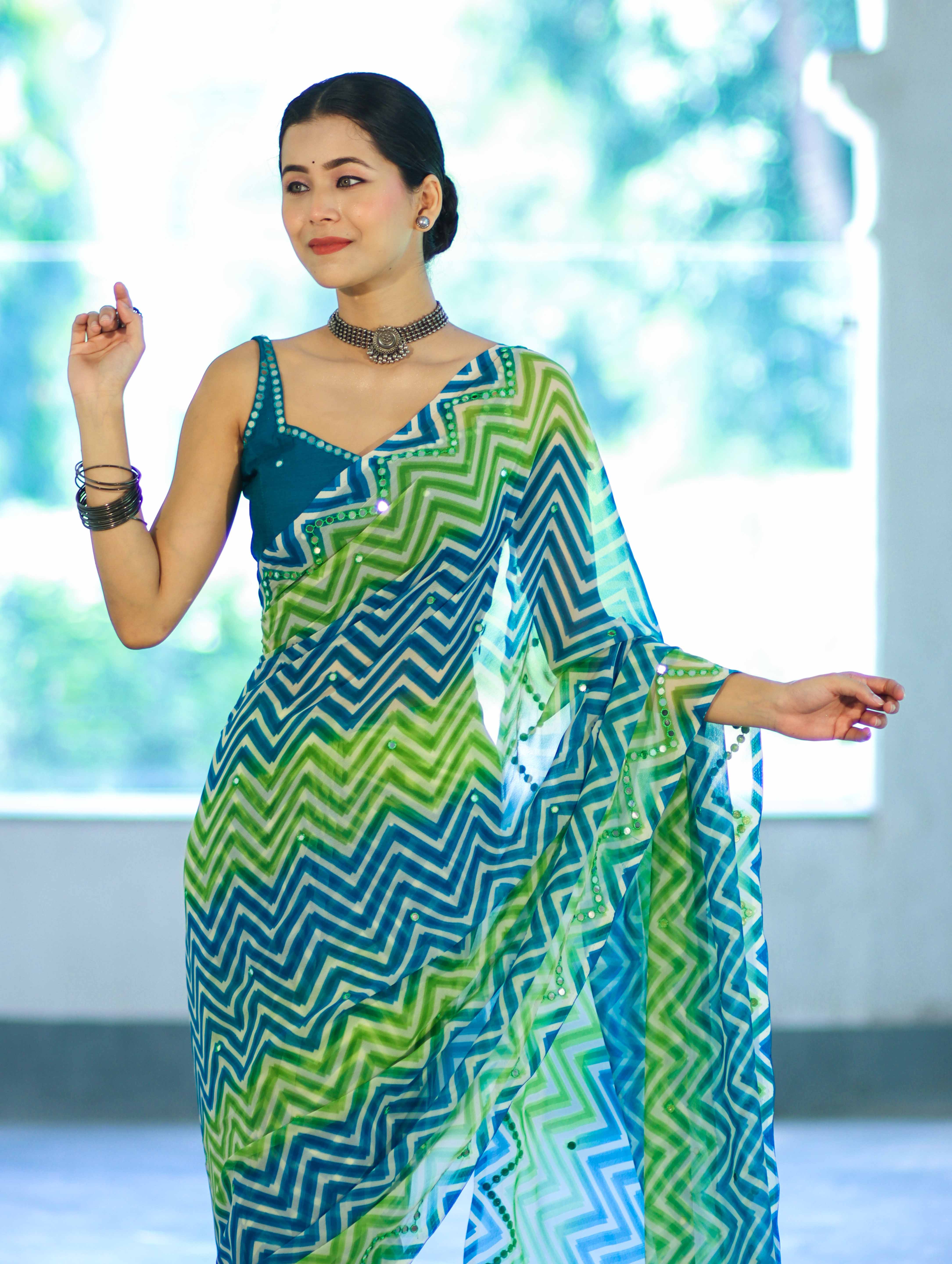 Banarasee Printed Handwork Chiffon Saree-Blue & Green