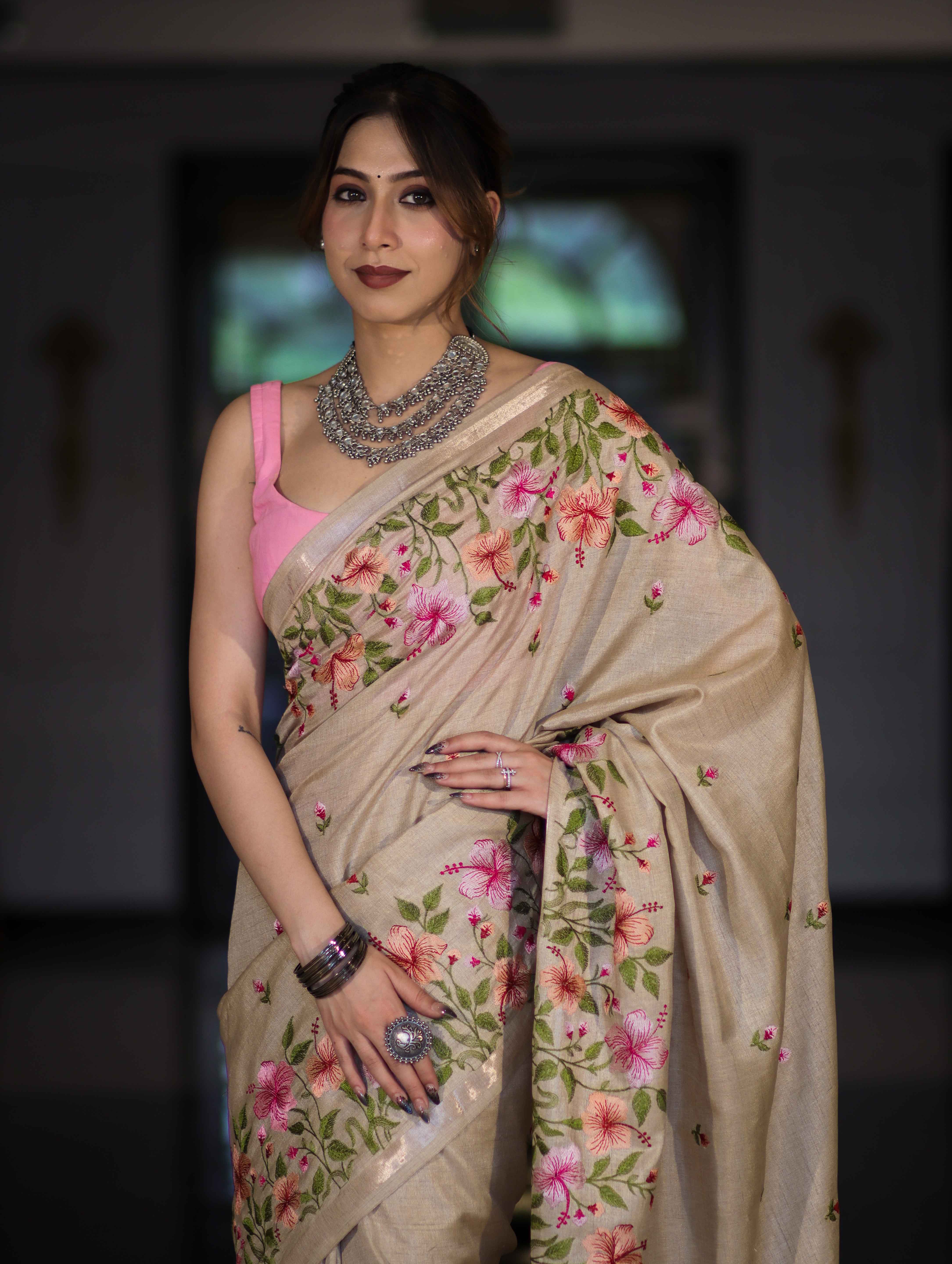 Banarasee Handwoven Semi-Tussar Saree With Embroidered Floral Motifs & Border-Beige