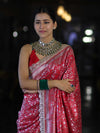 Banarasee Handloom Mashru Silk Saree With Heavy Zari Jaal & Lace Border-Red