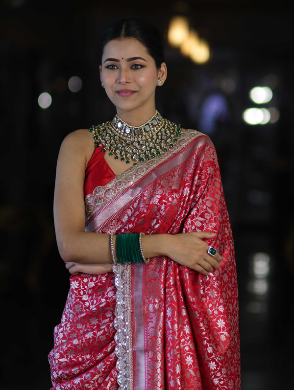 Banarasee Handloom Mashru Silk Saree With Heavy Zari Jaal & Lace Border-Red