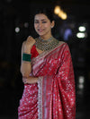 Banarasee Handloom Mashru Silk Saree With Heavy Zari Jaal & Lace Border-Red