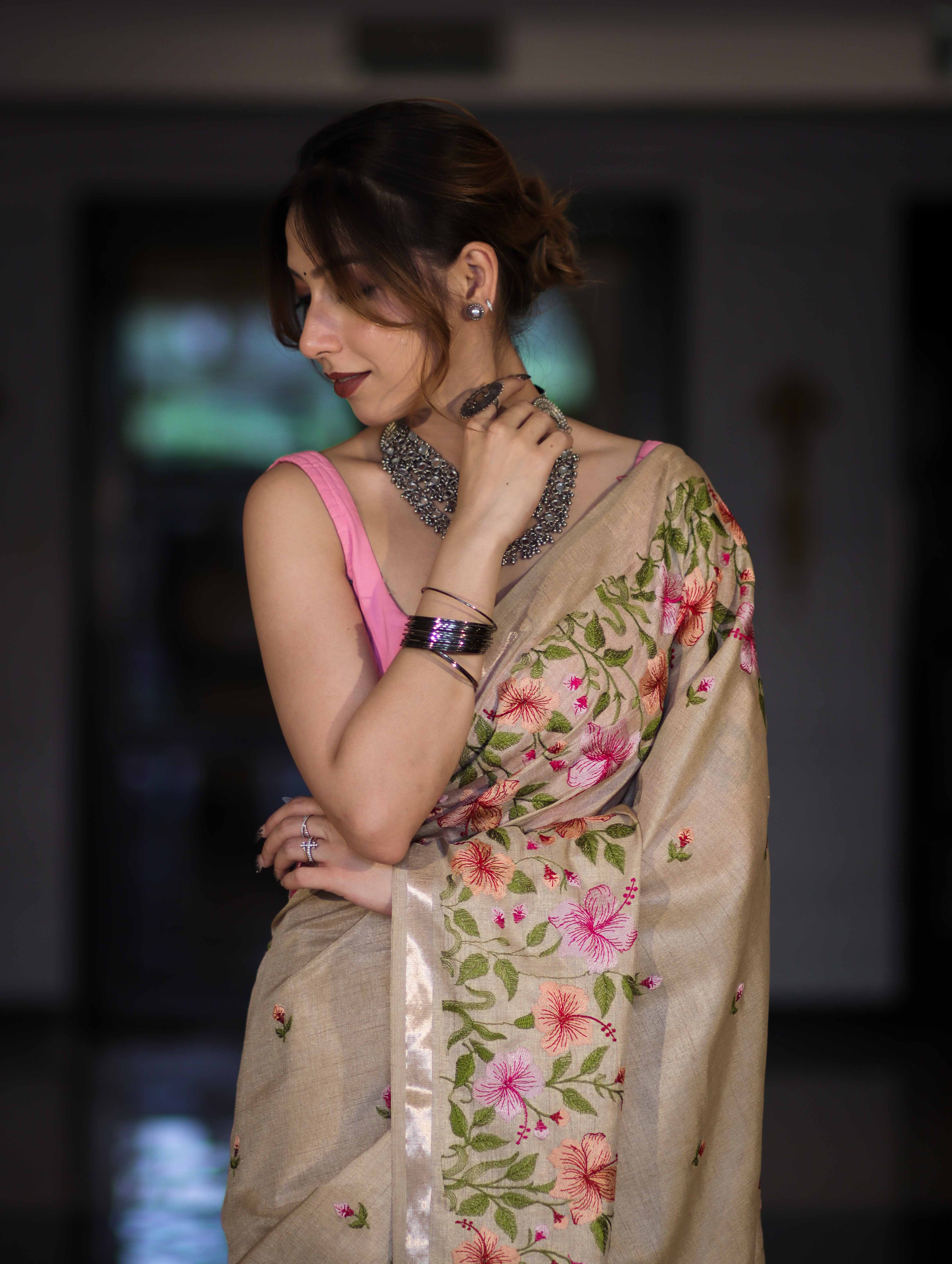 Banarasee Handwoven Semi-Tussar Saree With Embroidered Floral Motifs & Border-Beige