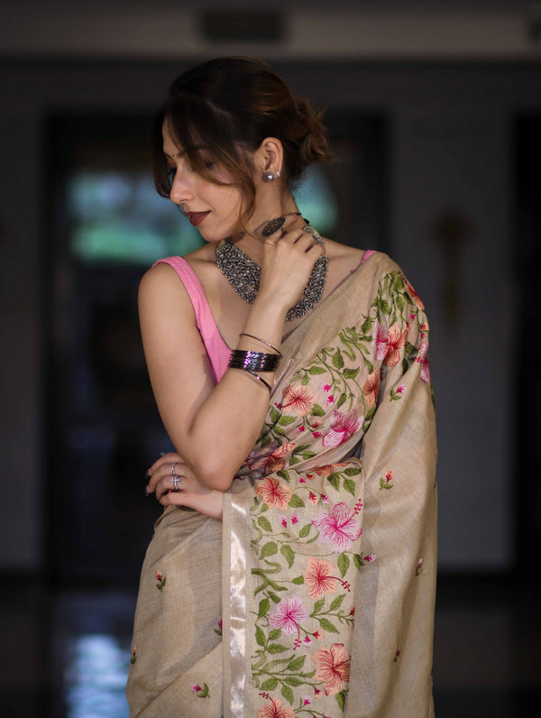 Banarasee Handwoven Semi-Tussar Saree With Embroidered Floral Motifs & Border-Beige