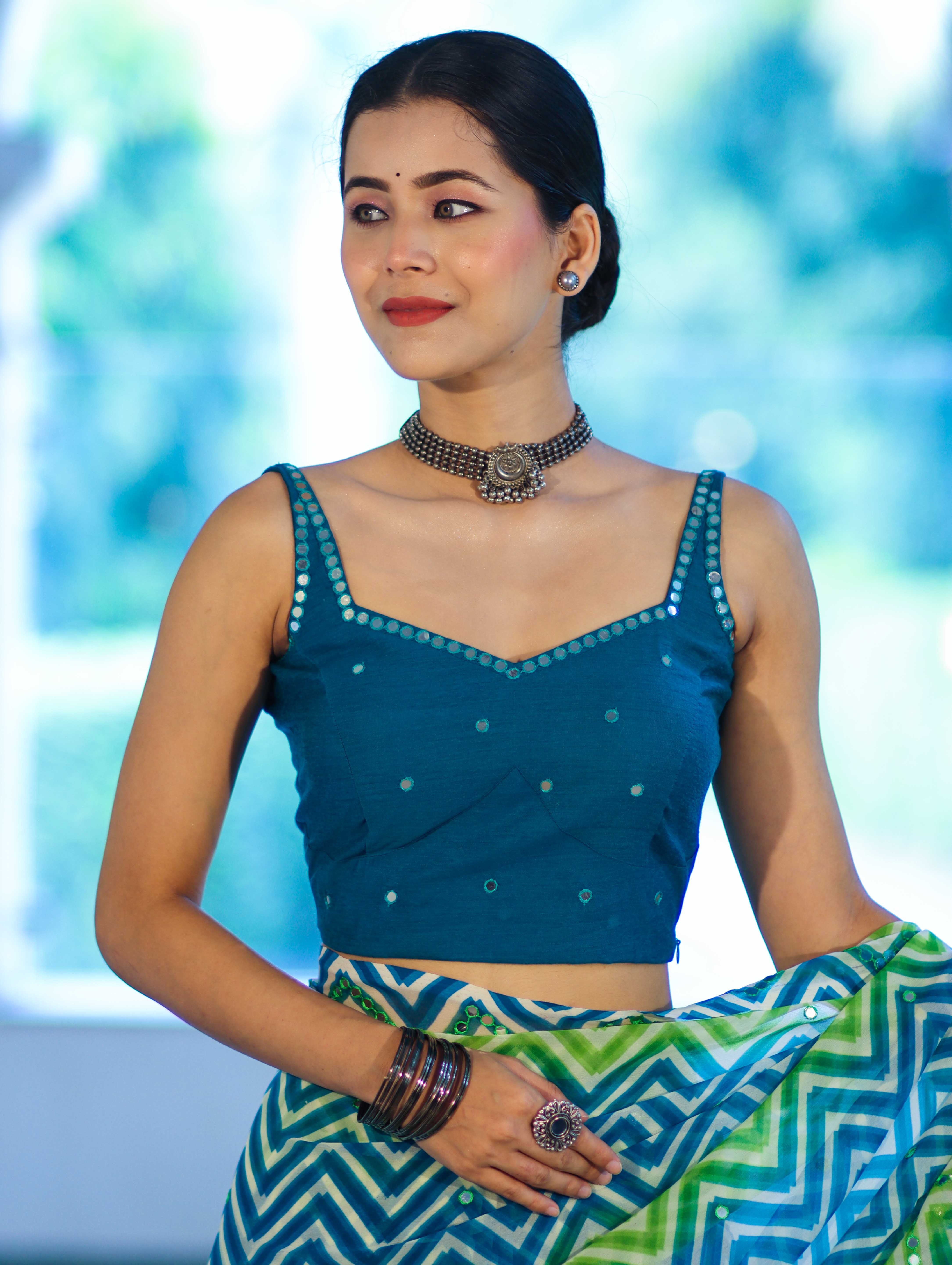 Banarasee Art Silk Fabric Hand Embroidered Mirror Work Blouse-Turquoise Blue