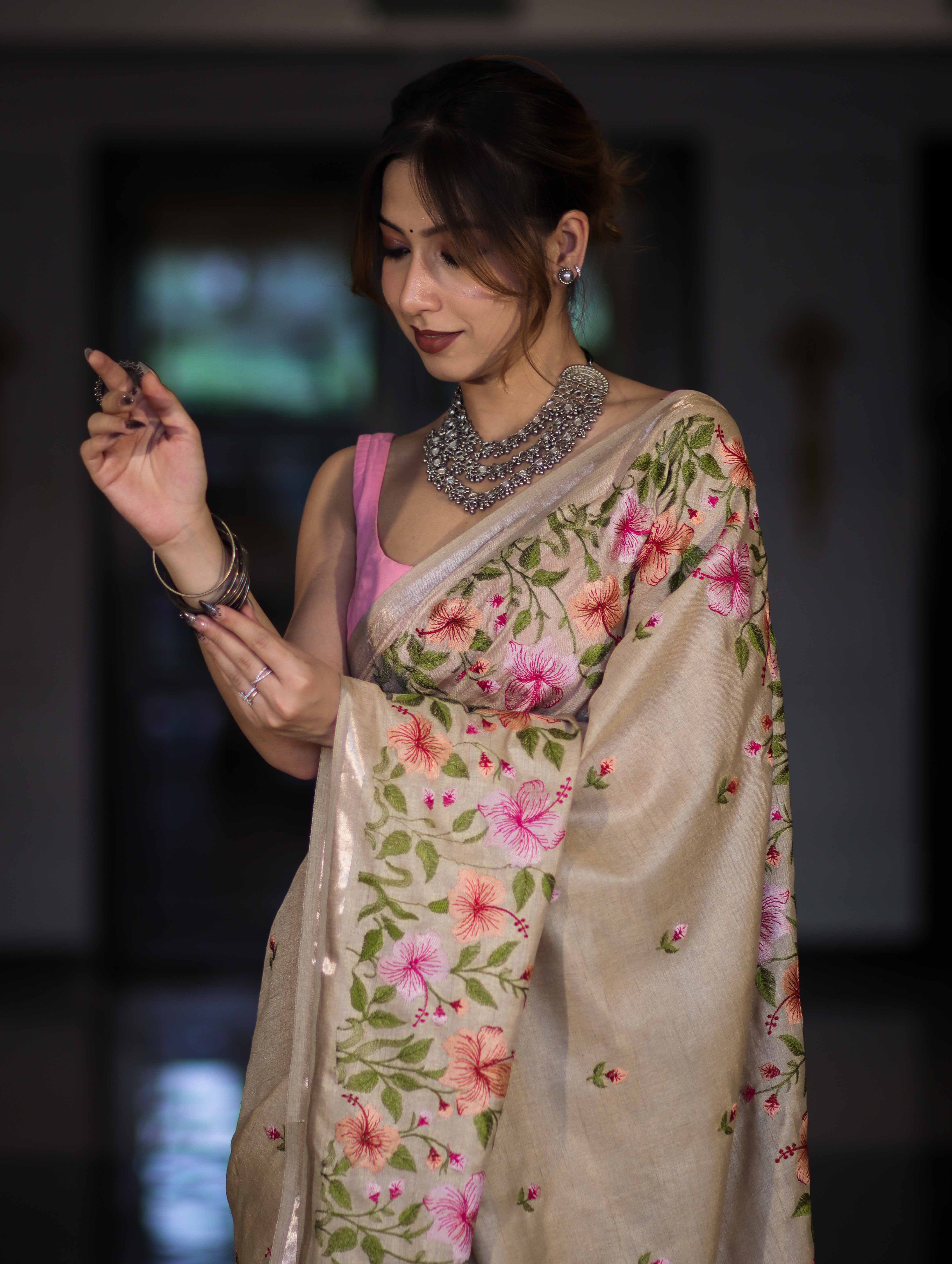 Banarasee Handwoven Semi-Tussar Saree With Embroidered Floral Motifs & Border-Beige