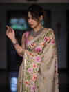 Banarasee Handwoven Semi-Tussar Saree With Embroidered Floral Motifs & Border-Beige
