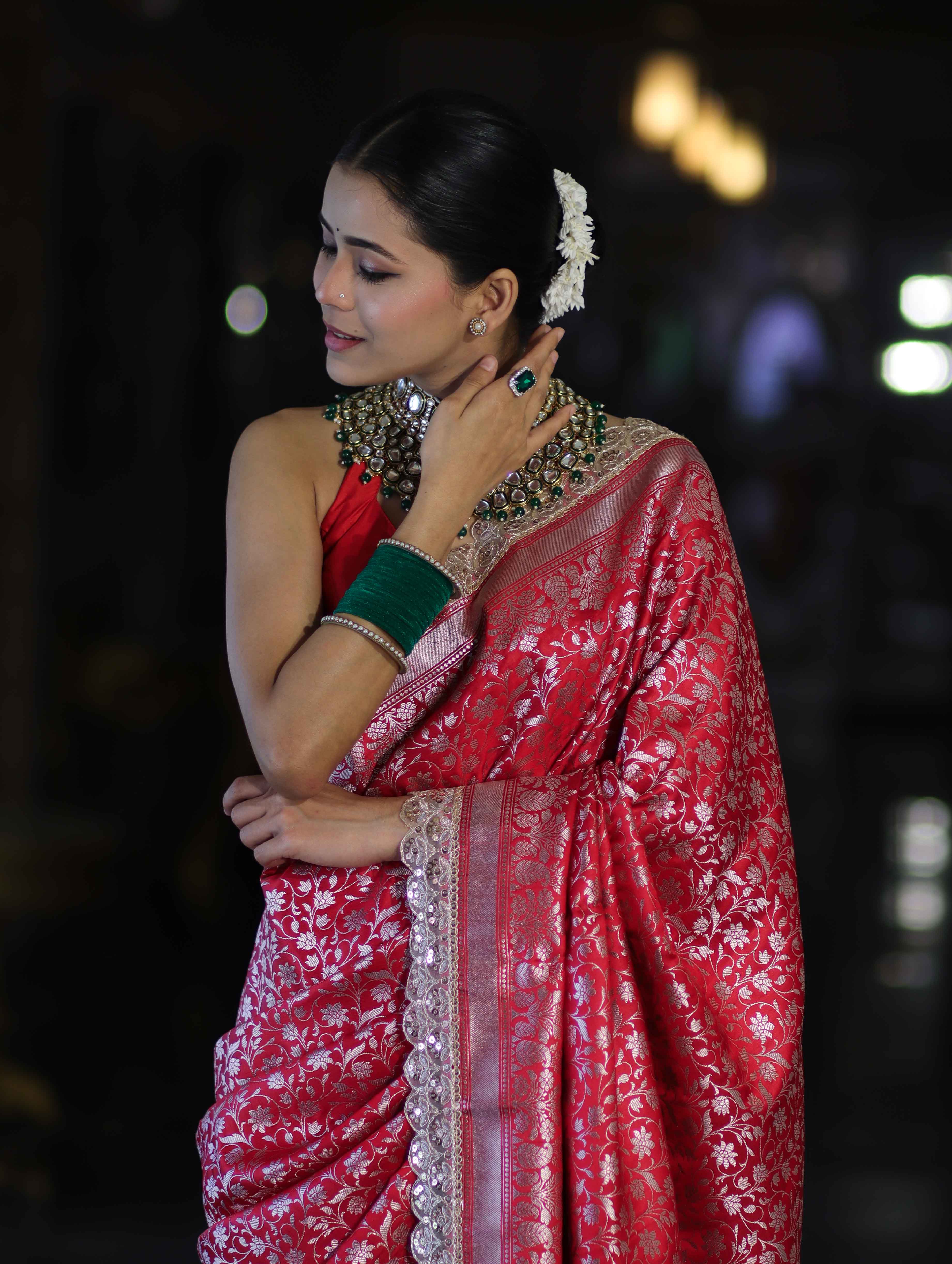 Banarasee Handloom Mashru Silk Saree With Heavy Zari Jaal & Lace Border-Red