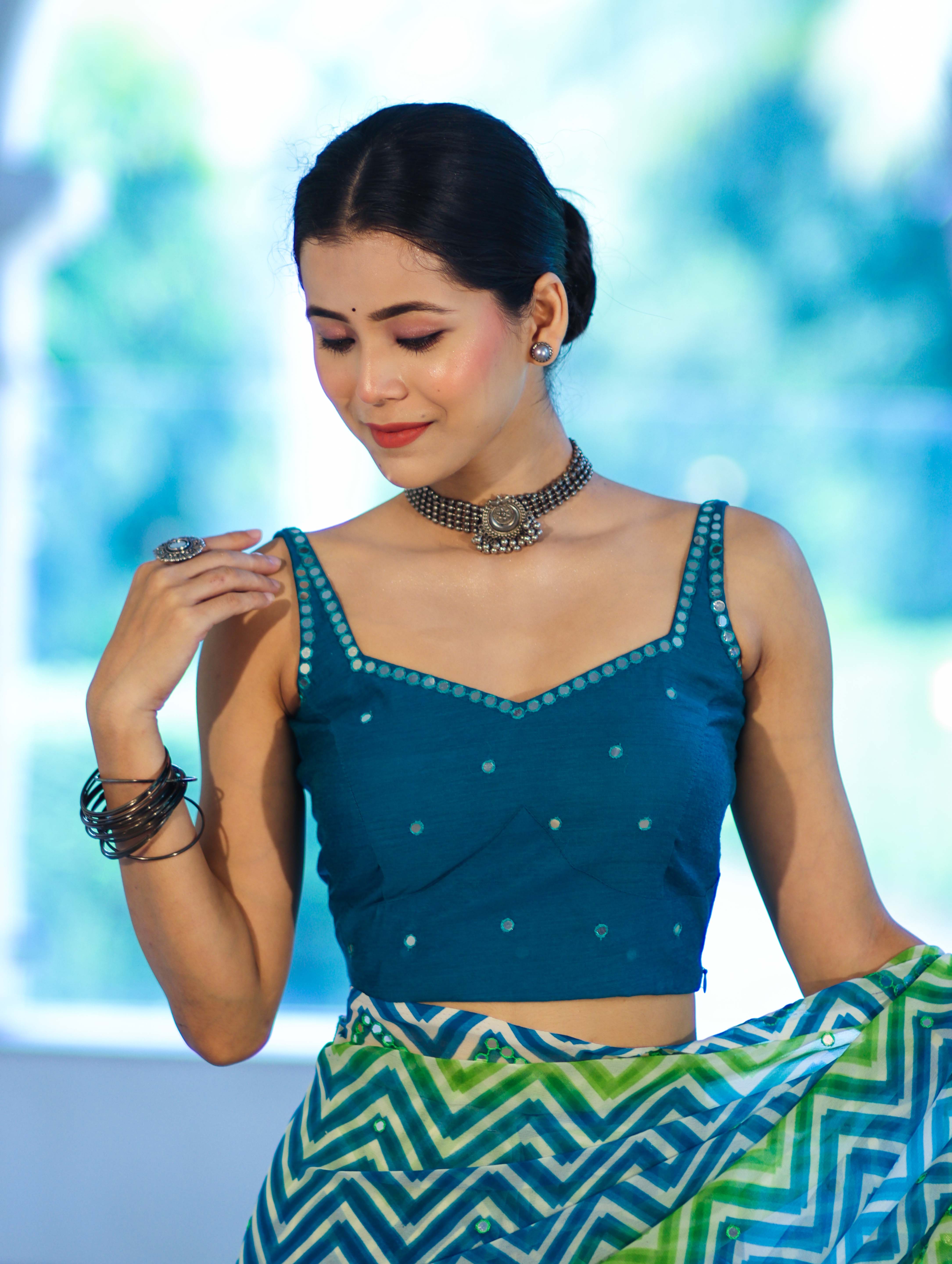 Banarasee Art Silk Fabric Hand Embroidered Mirror Work Blouse-Turquoise Blue