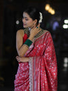 Banarasee Handloom Mashru Silk Saree With Heavy Zari Jaal & Lace Border-Red