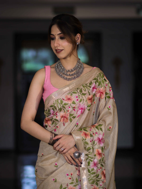 Banarasee Handwoven Semi-Tussar Saree With Embroidered Floral Motifs & Border-Beige