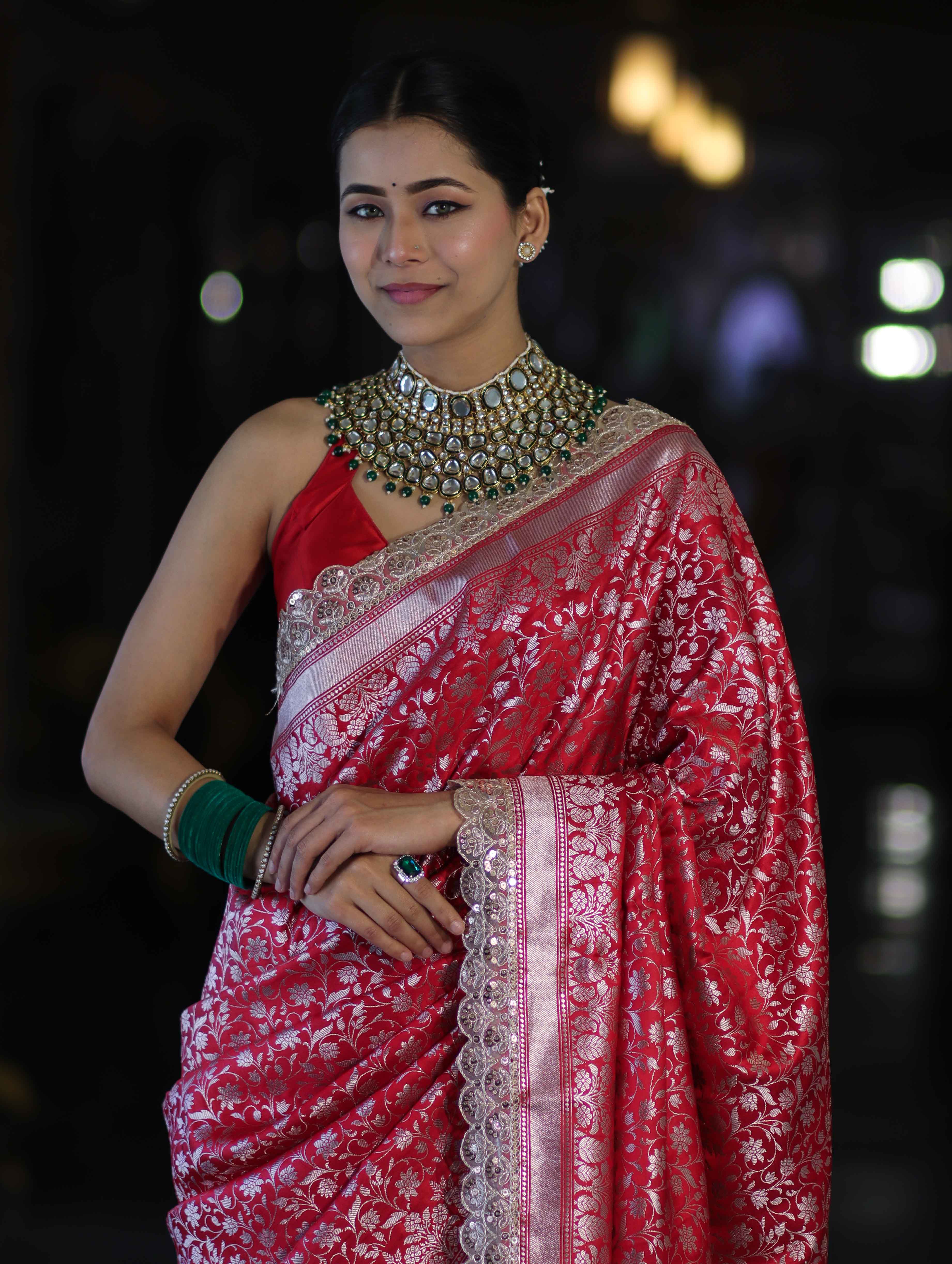 Banarasee Handloom Mashru Silk Saree With Heavy Zari Jaal & Lace Border-Red