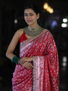 Banarasee Handloom Mashru Silk Saree With Heavy Zari Jaal & Lace Border-Red