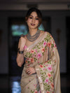 Banarasee Handwoven Semi-Tussar Saree With Embroidered Floral Motifs & Border-Beige