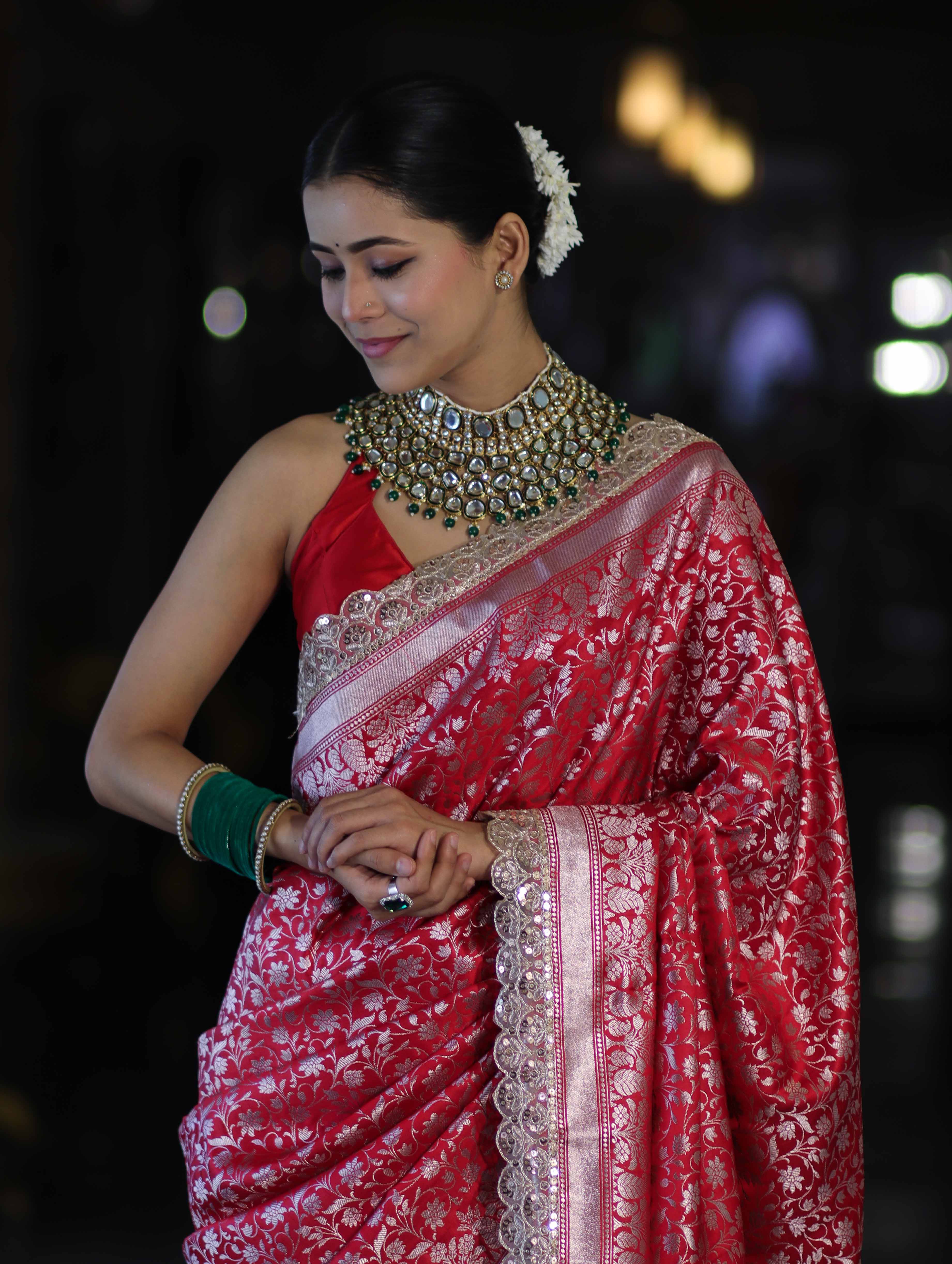 Banarasee Handloom Mashru Silk Saree With Heavy Zari Jaal & Lace Border-Red