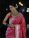 Banarasee Handloom Mashru Silk Saree With Heavy Zari Jaal & Lace Border-Red