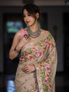 Banarasee Handwoven Semi-Tussar Saree With Embroidered Floral Motifs & Border-Beige