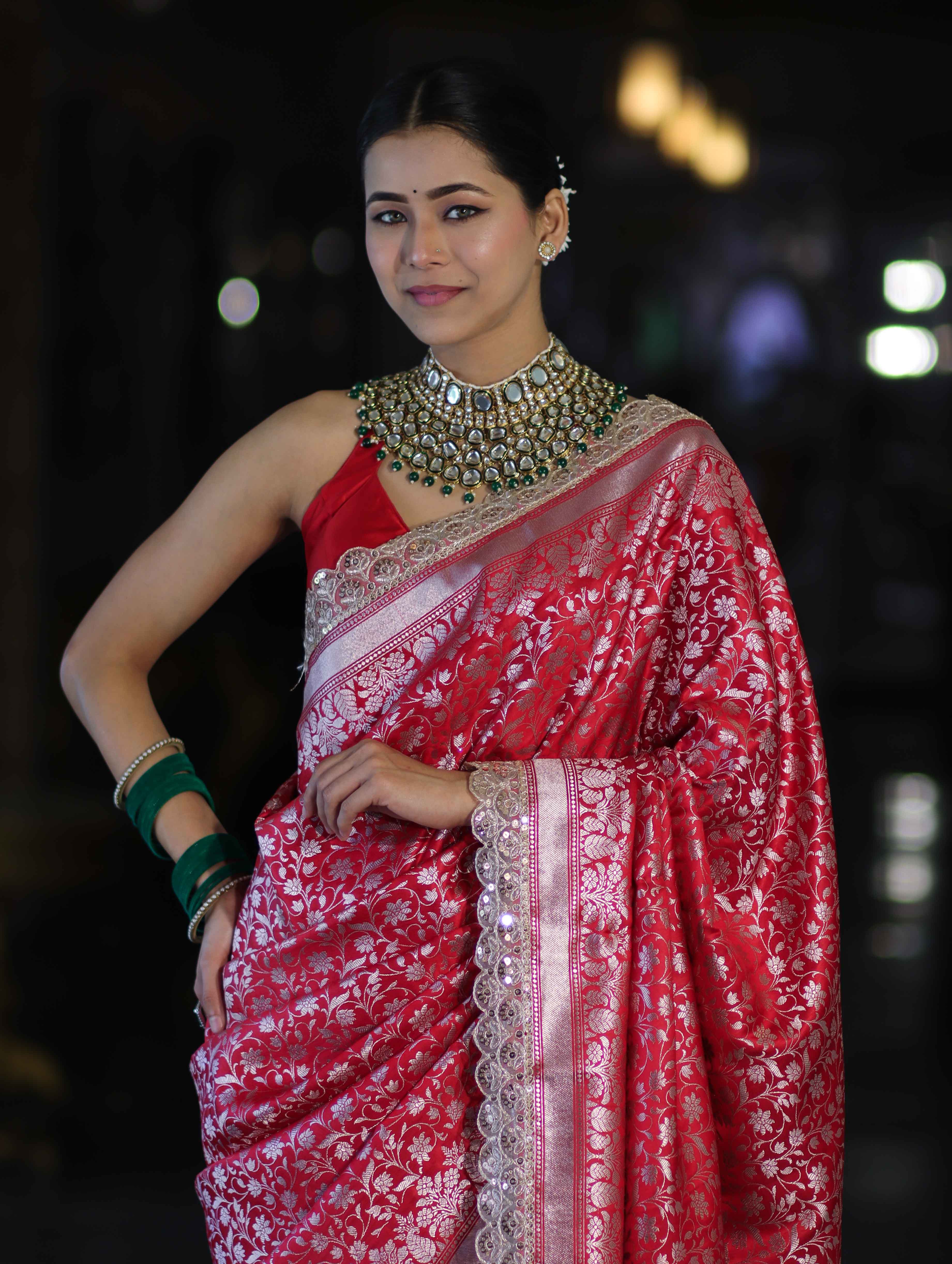 Banarasee Handloom Mashru Silk Saree With Heavy Zari Jaal & Lace Border-Red