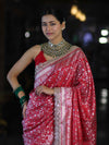 Banarasee Handloom Mashru Silk Saree With Heavy Zari Jaal & Lace Border-Red