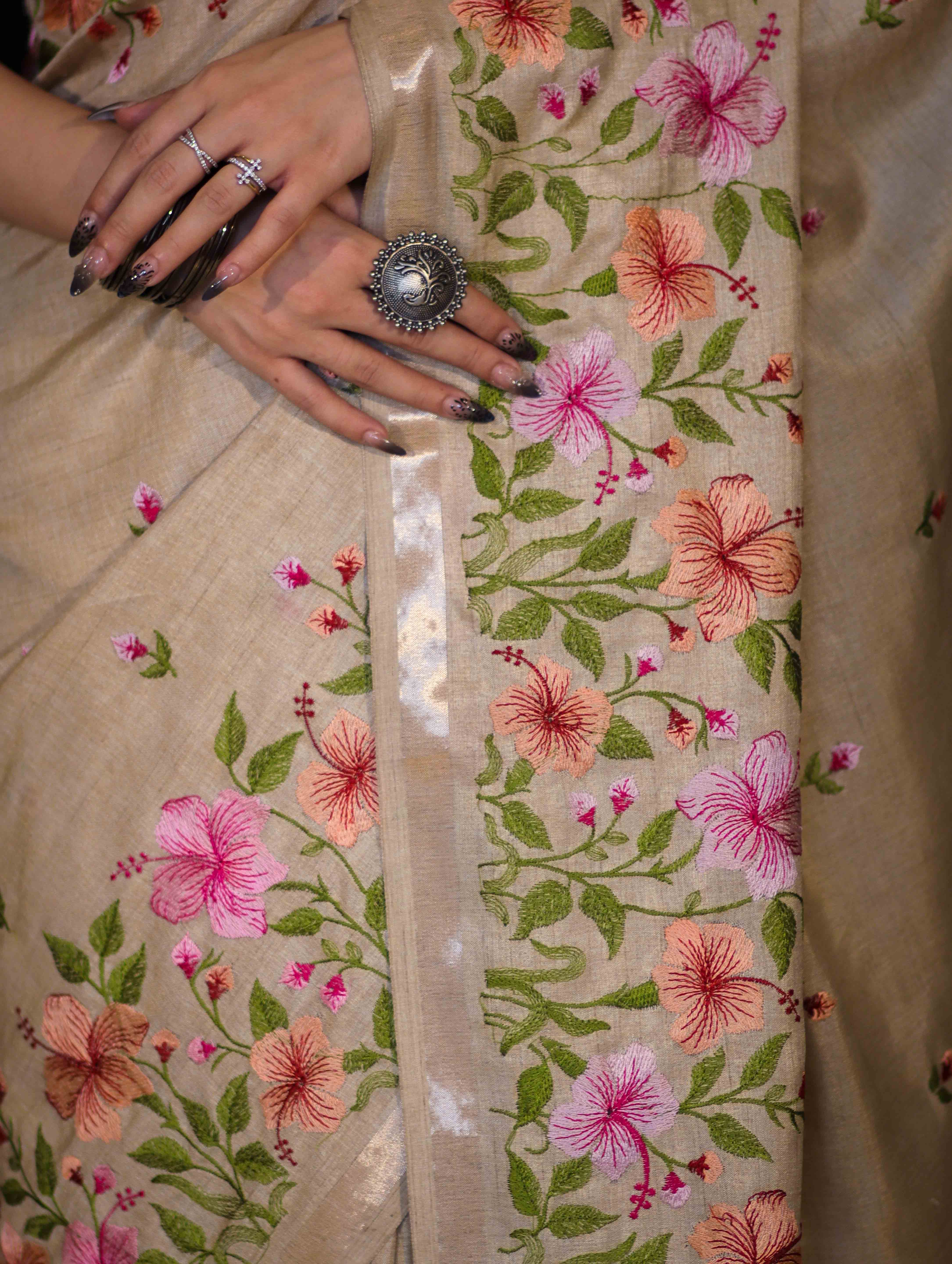 Banarasee Handwoven Semi-Tussar Saree With Embroidered Floral Motifs & Border-Beige