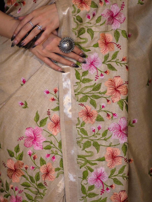 Banarasee Handwoven Semi-Tussar Saree With Embroidered Floral Motifs & Border-Beige