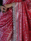 Banarasee Handloom Mashru Silk Saree With Heavy Zari Jaal & Lace Border-Red