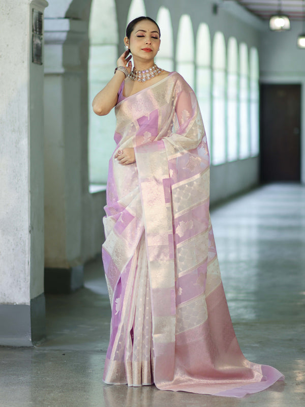 Banarasee Dual Color Organza Mix Saree With Zari Woven Design & Border-Lavender & White