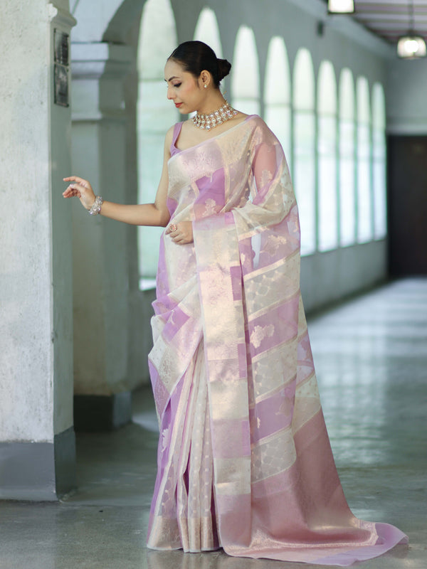 Banarasee Dual Color Organza Mix Saree With Zari Woven Design & Border-Lavender & White