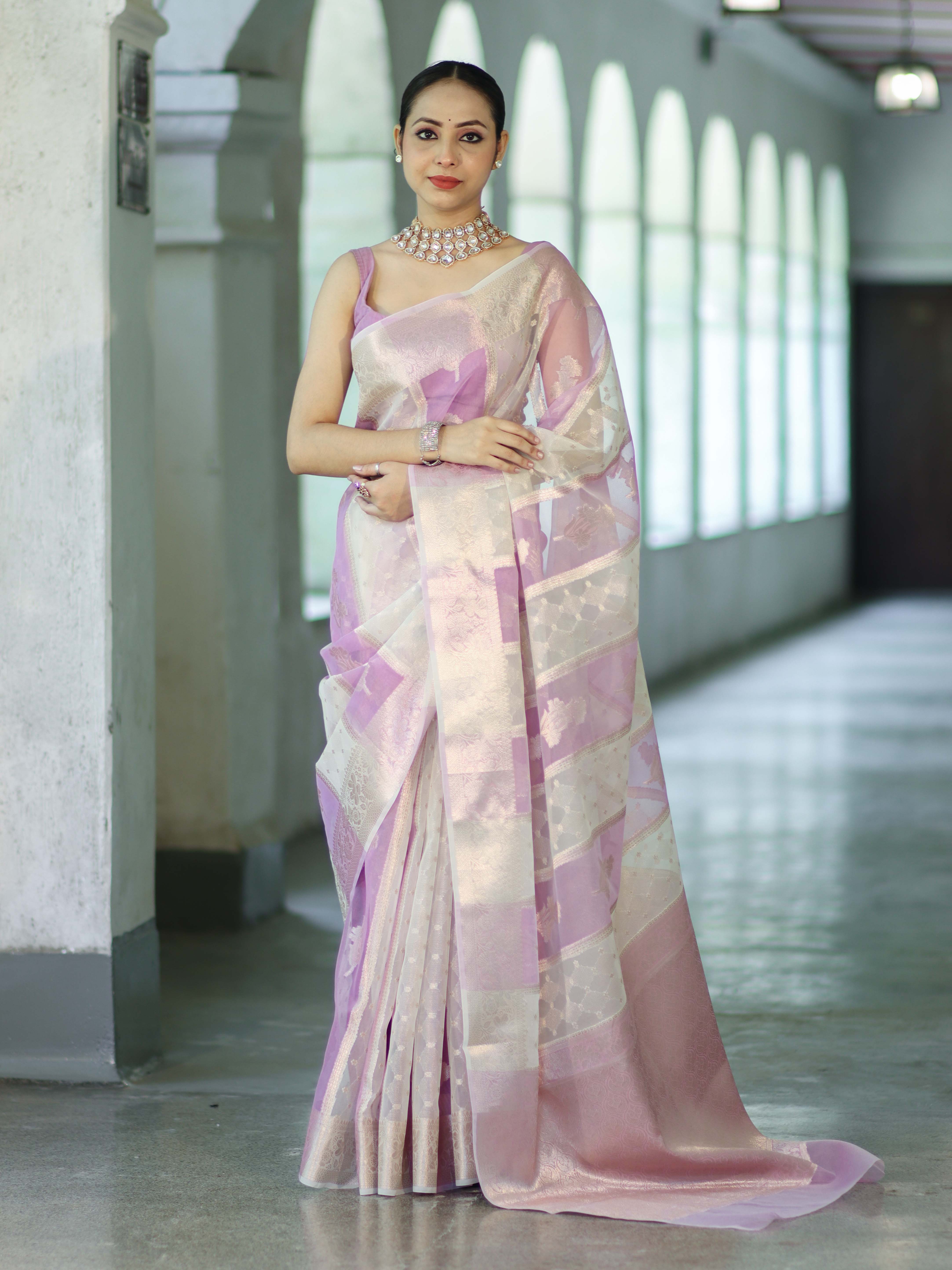 Banarasee Dual Color Organza Mix Saree With Zari Woven Design & Border-Lavender & White