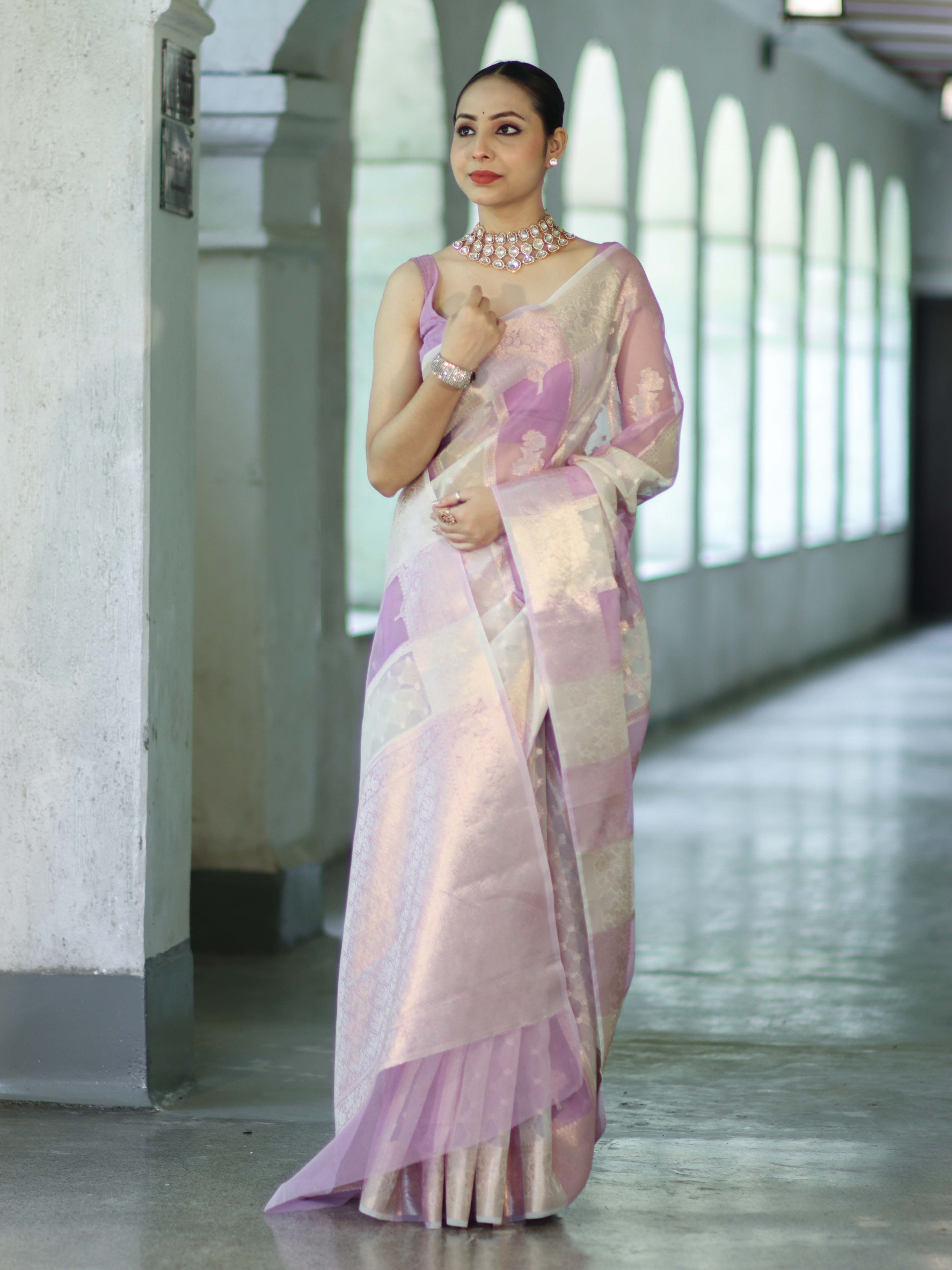 Banarasee Dual Color Organza Mix Saree With Zari Woven Design & Border-Lavender & White