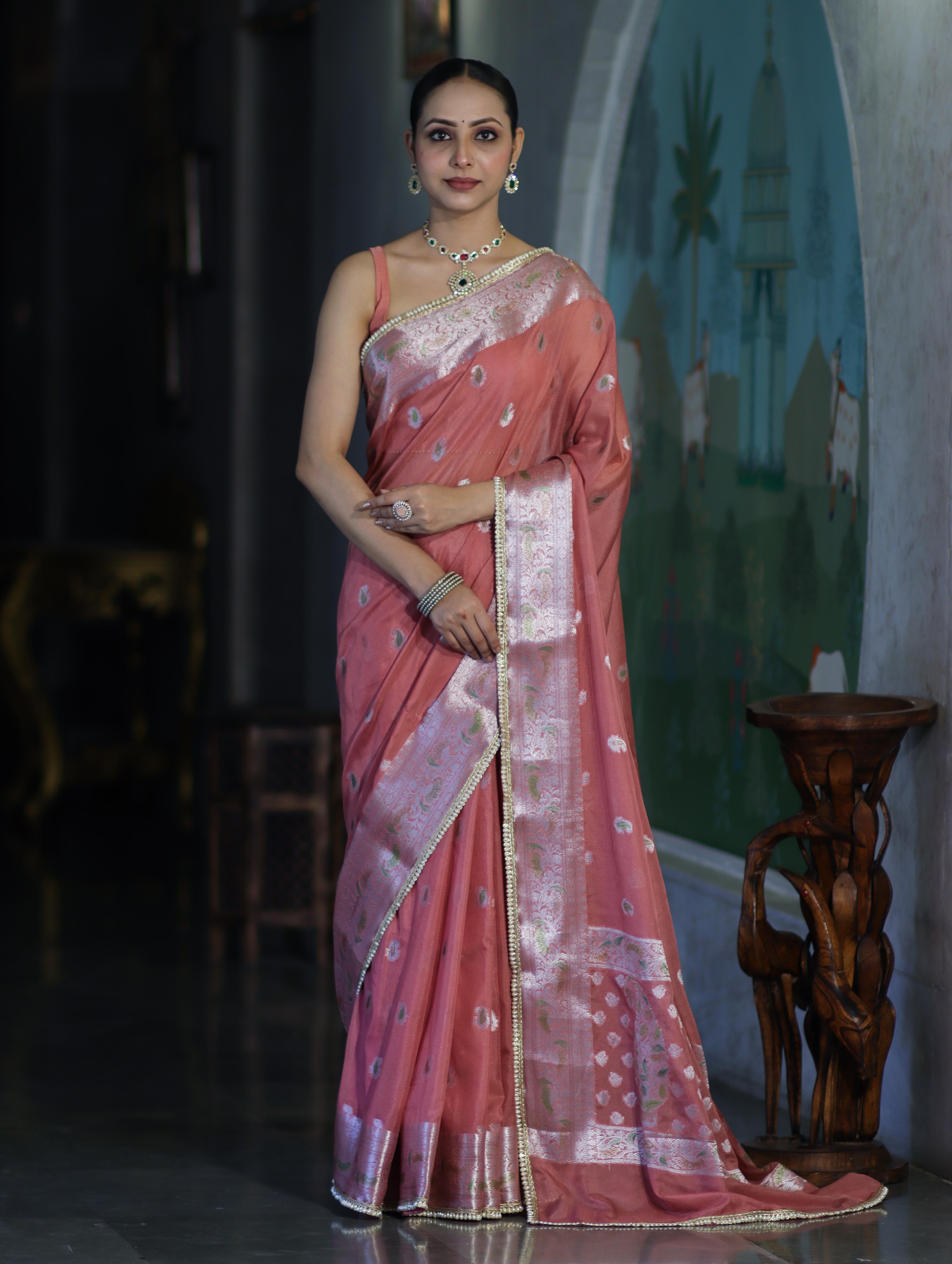 Banarasee Semi Chiffon Saree With Meena Work Silver Zari Border & Lace-Peach