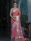 Banarasee Semi Chiffon Saree With Meena Work Silver Zari Border & Lace-Peach