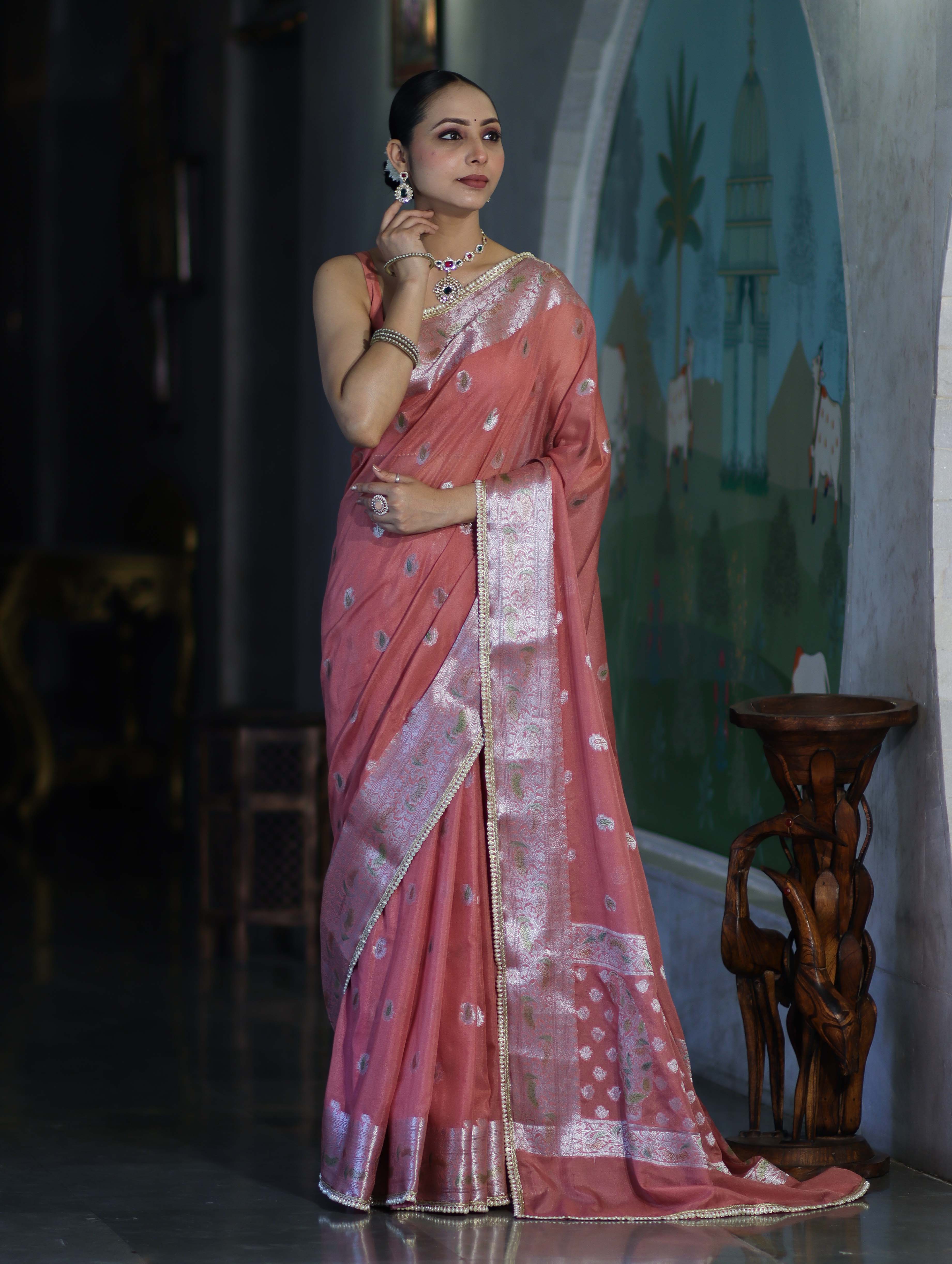 Banarasee Semi Chiffon Saree With Meena Work Silver Zari Border & Lace-Peach