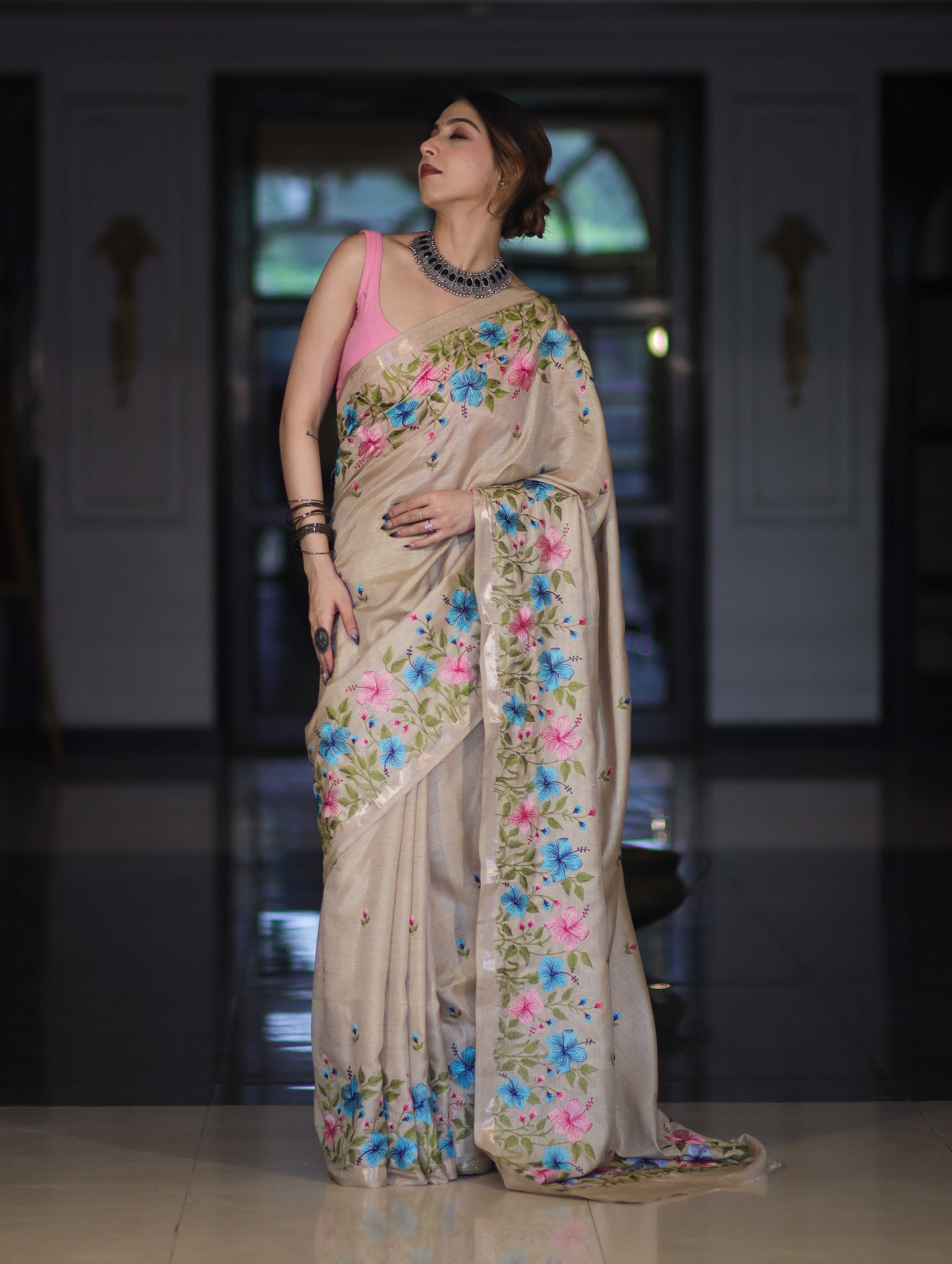 Banarasee Handwoven Semi-Tussar Saree With Embroidered Floral Motifs & Border-Beige