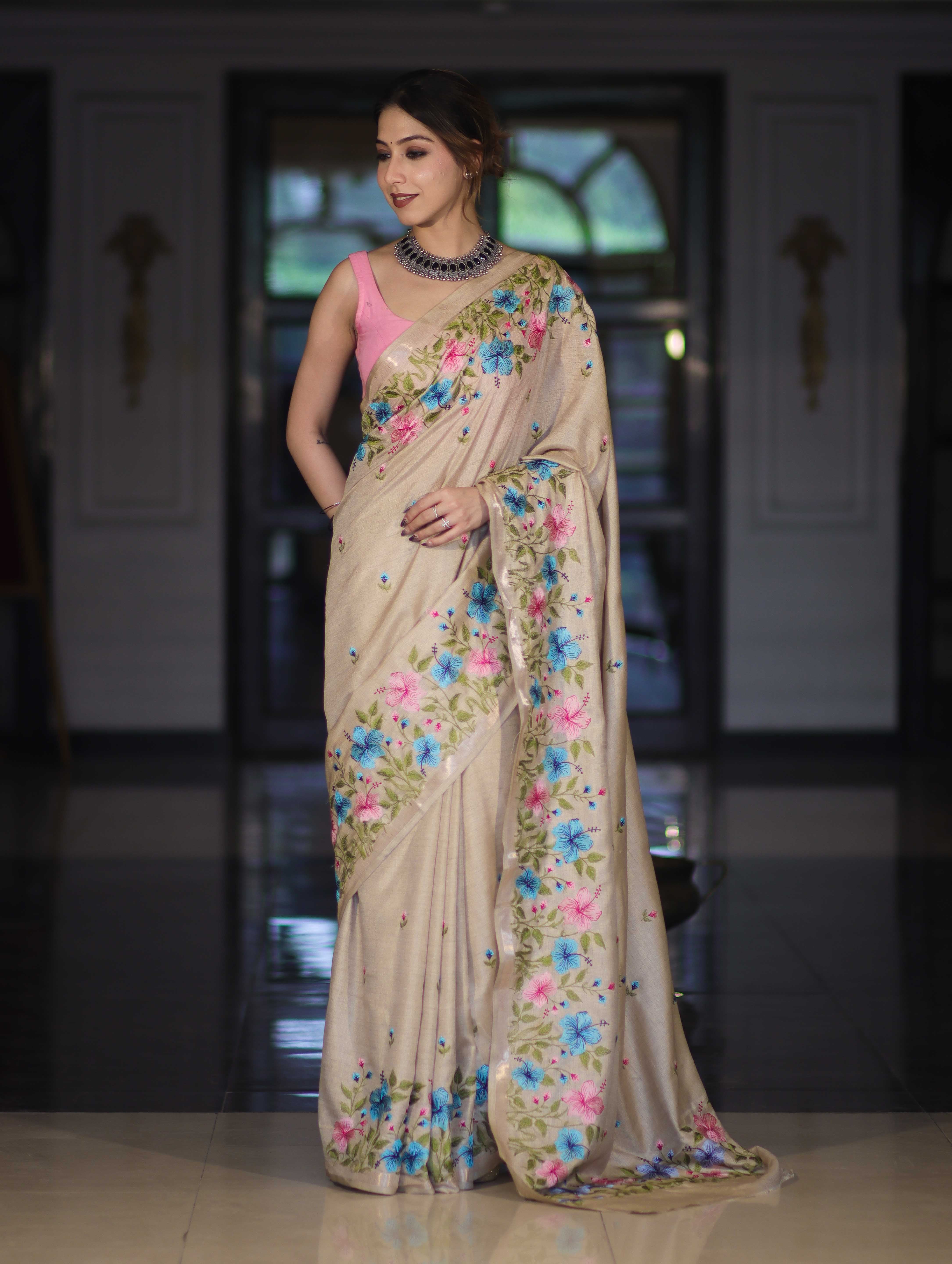 Banarasee Handwoven Semi-Tussar Saree With Embroidered Floral Motifs & Border-Beige
