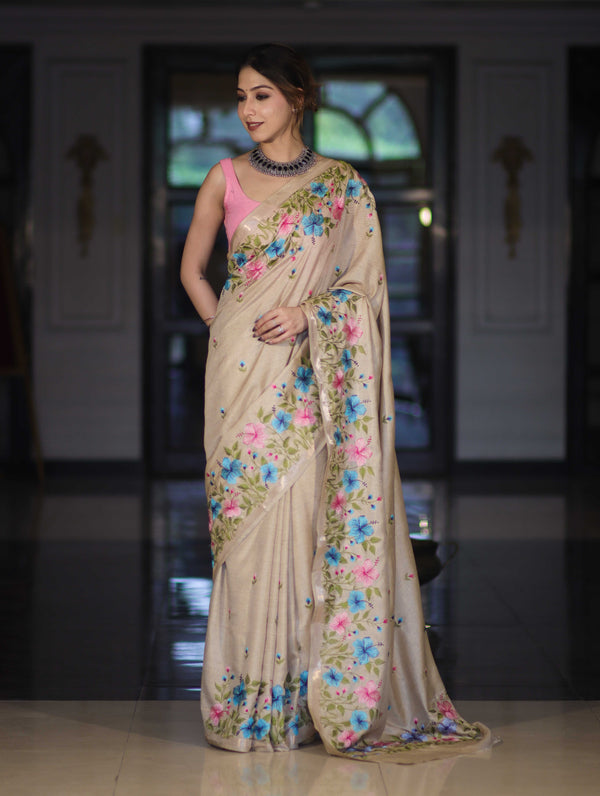 Banarasee Handwoven Semi-Tussar Saree With Embroidered Floral Motifs & Border-Beige