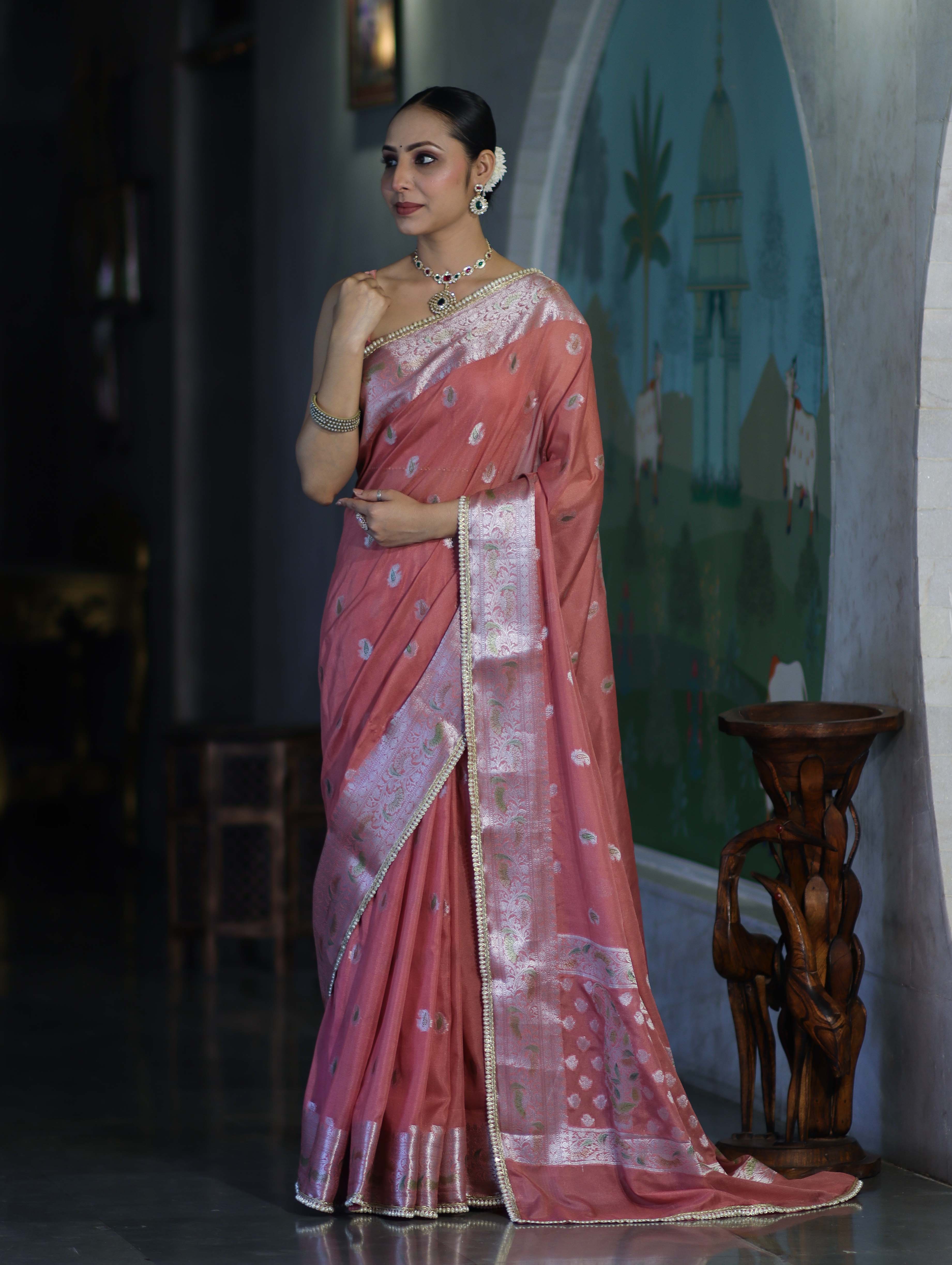 Banarasee Semi Chiffon Saree With Meena Work Silver Zari Border & Lace-Peach