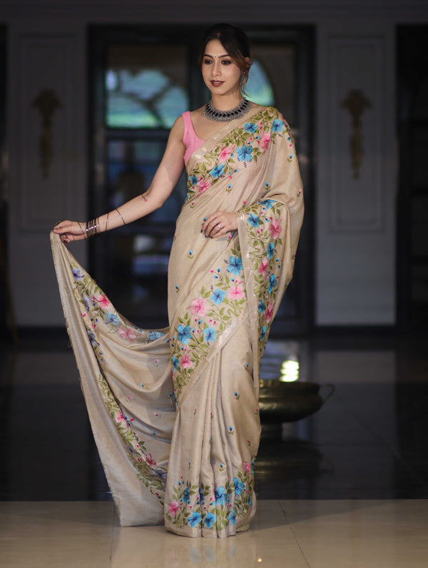 Banarasee Handwoven Semi-Tussar Saree With Embroidered Floral Motifs & Border-Beige